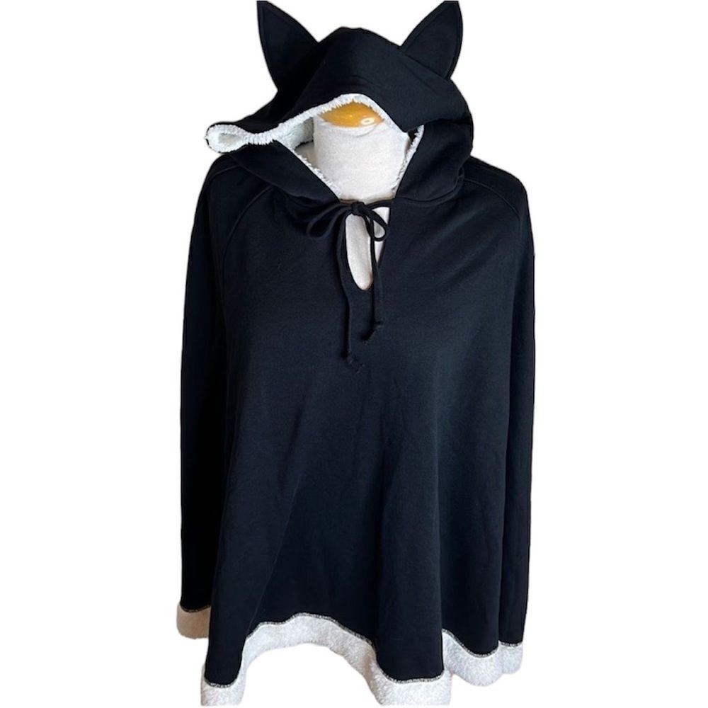 Black Hooded Cat Ear Fuzzy Trim Poncho Sample Piece Size S/M